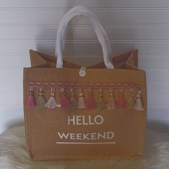 Hello Weekend Linen Look Tassled Canvas Tote Bag - Picture 2 of 12
